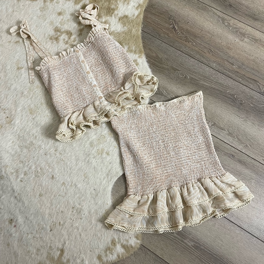 Lost + wander smocked cream two piece skirt set